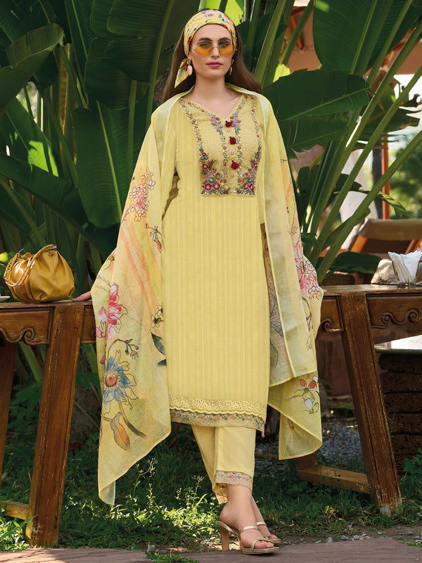 Indo Era Yellow Embroidered Straight Kurta Trousers With Dupatta set - Distacart