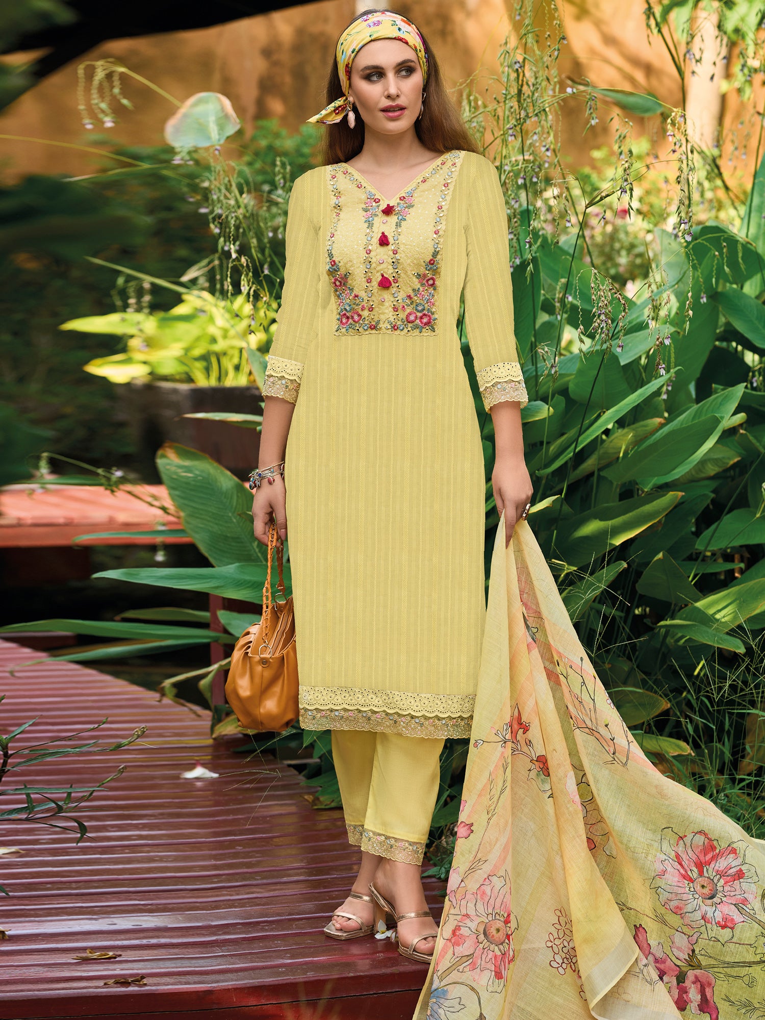 Indo Era Yellow Embroidered Straight Kurta Trousers With Dupatta set - Distacart