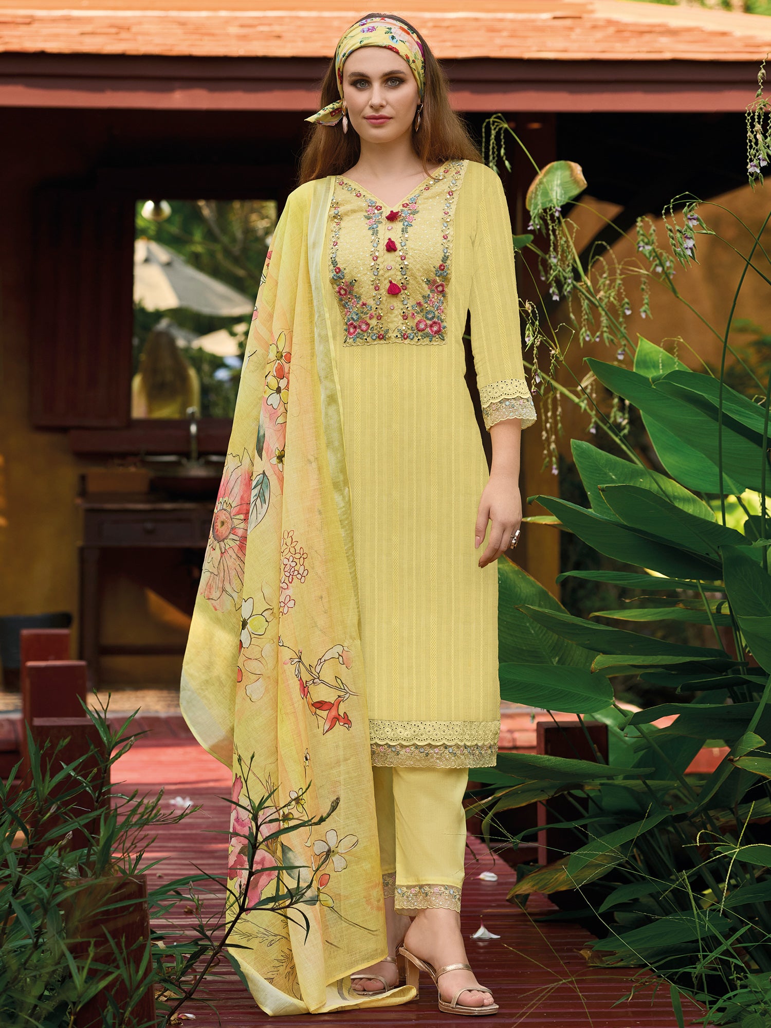 Indo Era Yellow Embroidered Straight Kurta Trousers With Dupatta set - Distacart