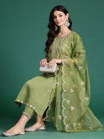 Thumbnail for Indo Era Green Embroidered Straight Kurta Trousers With Dupatta set - Distacart