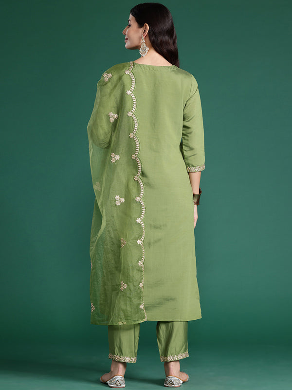 Indo Era Green Embroidered Straight Kurta Trousers With Dupatta set - Distacart