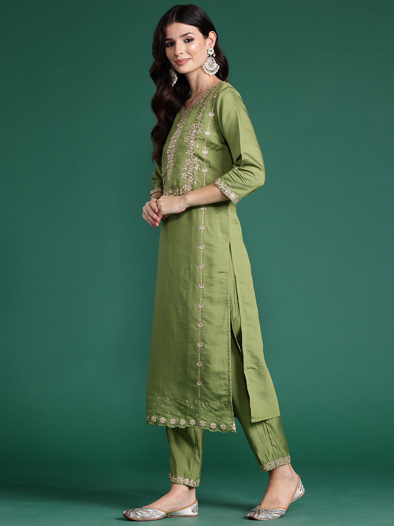 Indo Era Green Embroidered Straight Kurta Trousers With Dupatta set - Distacart