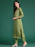 Thumbnail for Indo Era Green Embroidered Straight Kurta Trousers With Dupatta set - Distacart