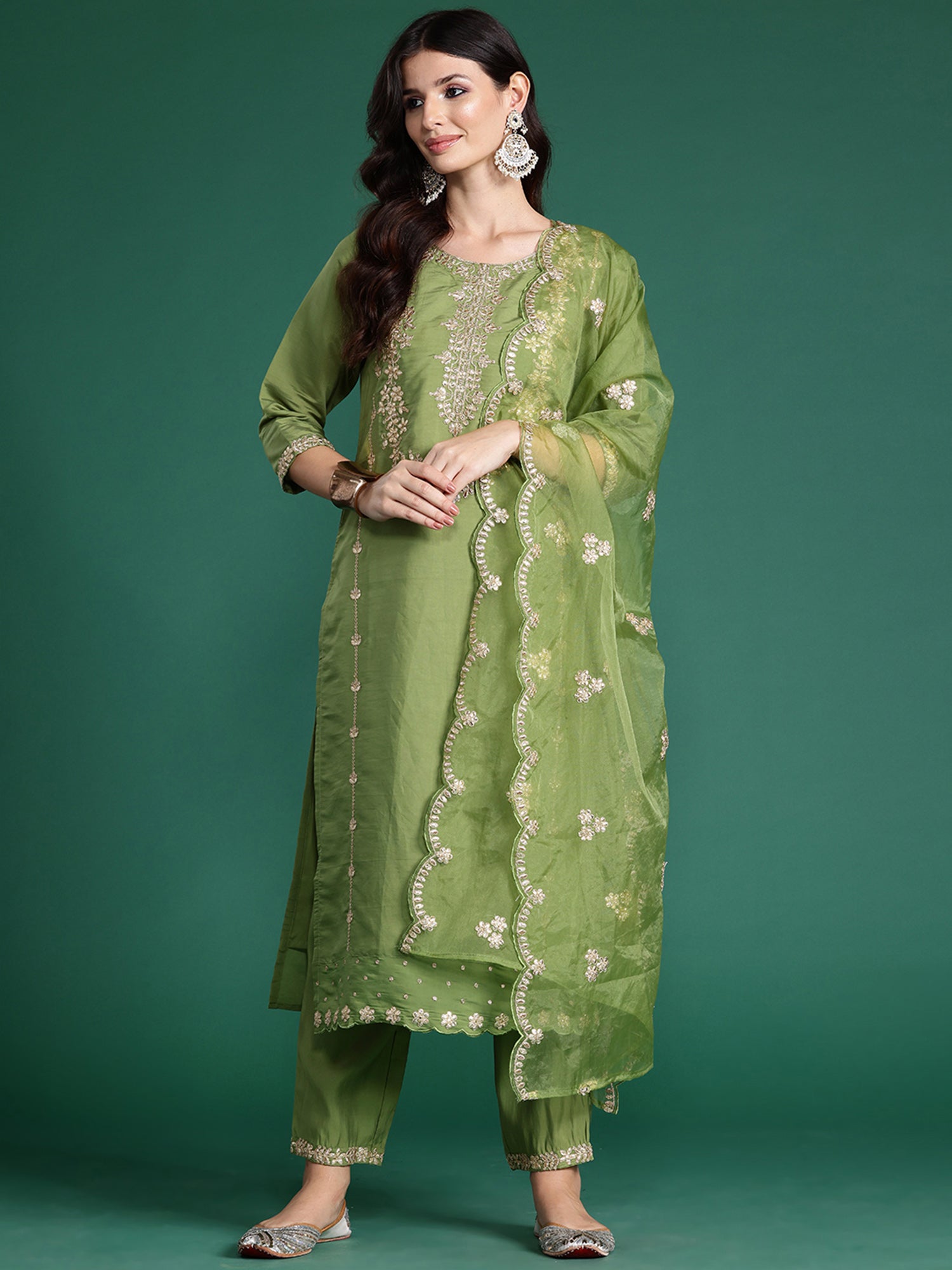 Indo Era Green Embroidered Straight Kurta Trousers With Dupatta set - Distacart