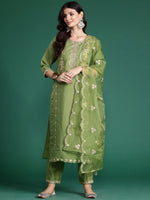 Thumbnail for Indo Era Green Embroidered Straight Kurta Trousers With Dupatta set - Distacart