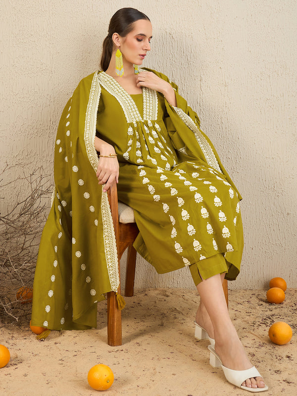 Indo Era Green Embroidered A-Line Kurta Trousers With Dupatta set - Distacart