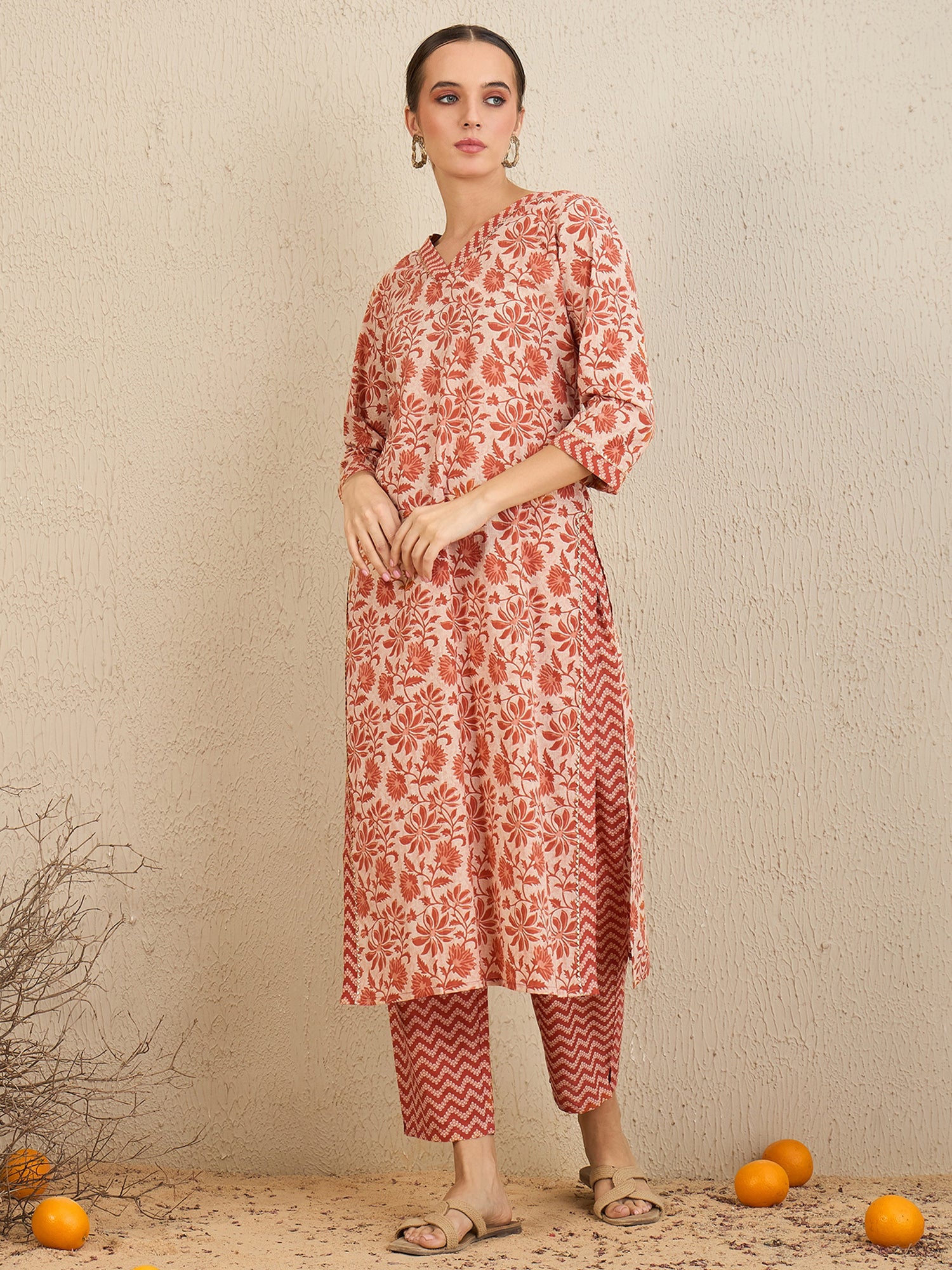 Indo Era Rust Printed Straight Kurta Trousers With Dupatta set - Distacart