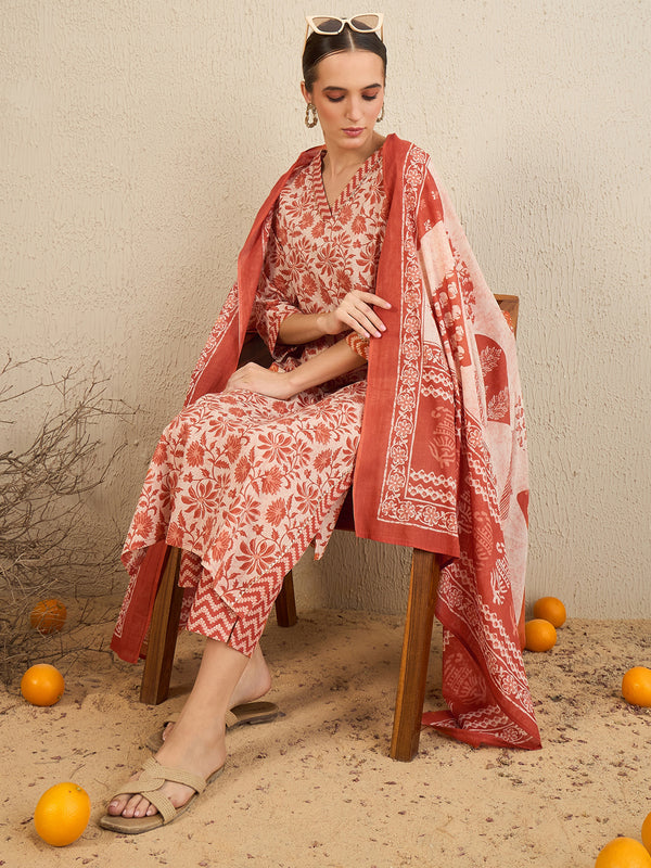 Indo Era Rust Printed Straight Kurta Trousers With Dupatta set - Distacart