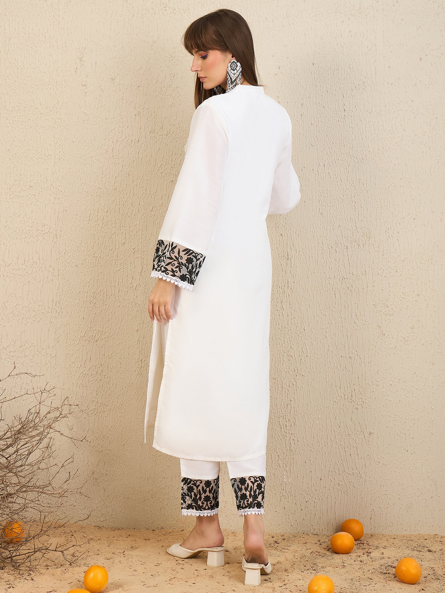 Indo Era White Embroidered Straight Kurta Trousers set - Distacart