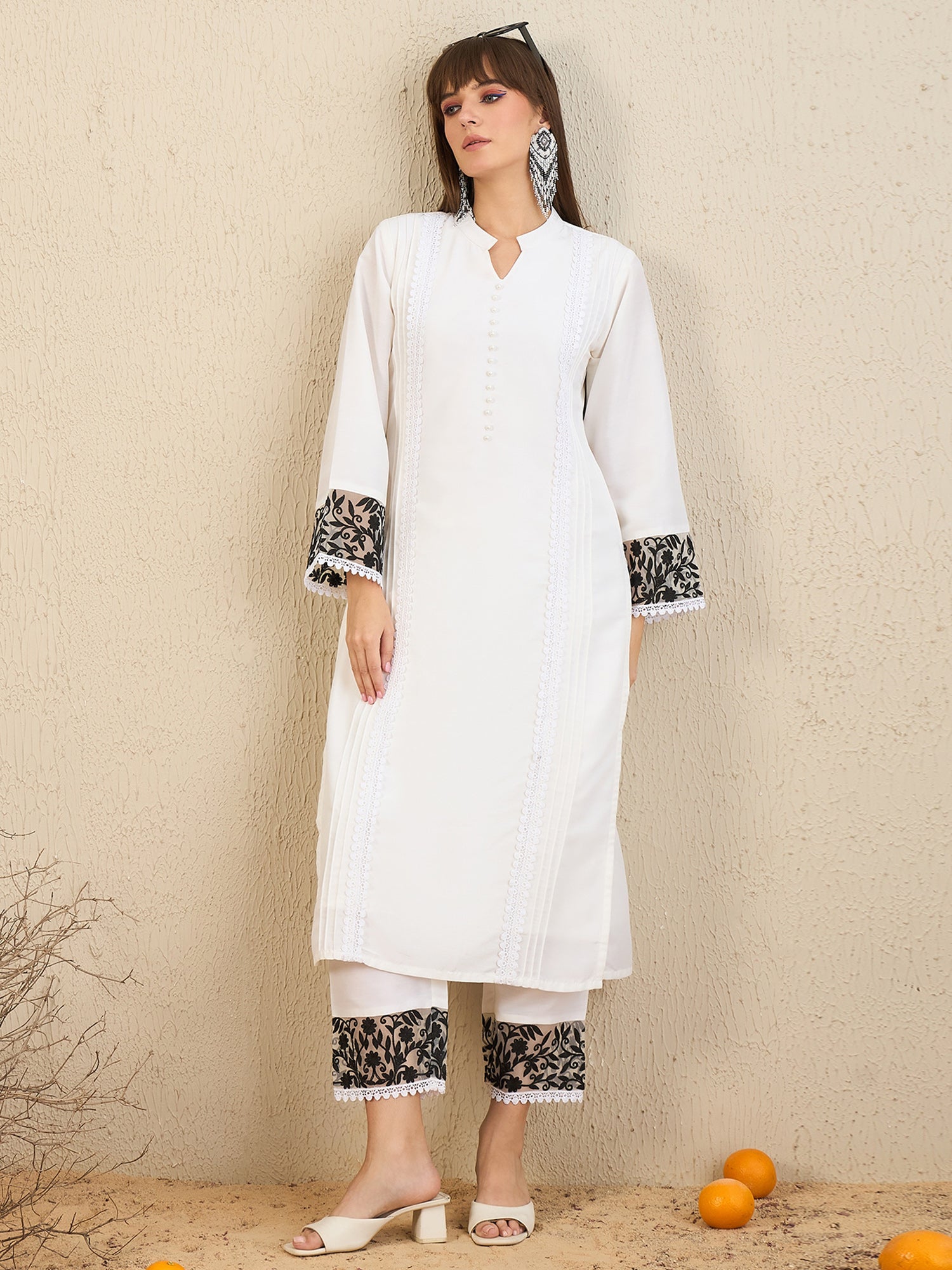 Indo Era White Embroidered Straight Kurta Trousers set - Distacart
