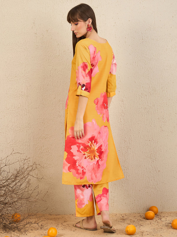 Indo Era Yellow Printed Straight Kurta Trousers Set - Distacart
