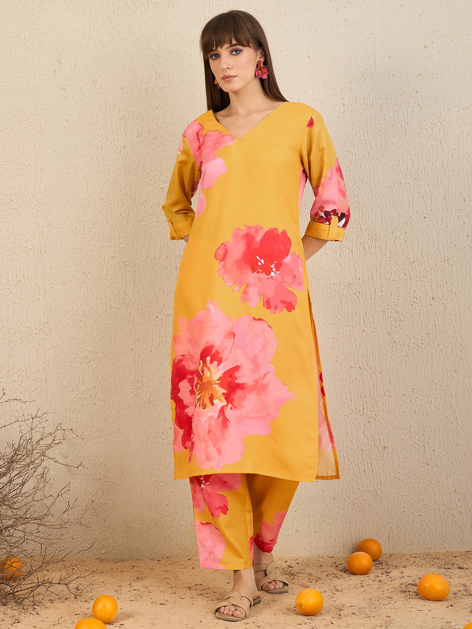 Indo Era Yellow Printed Straight Kurta Trousers Set - Distacart