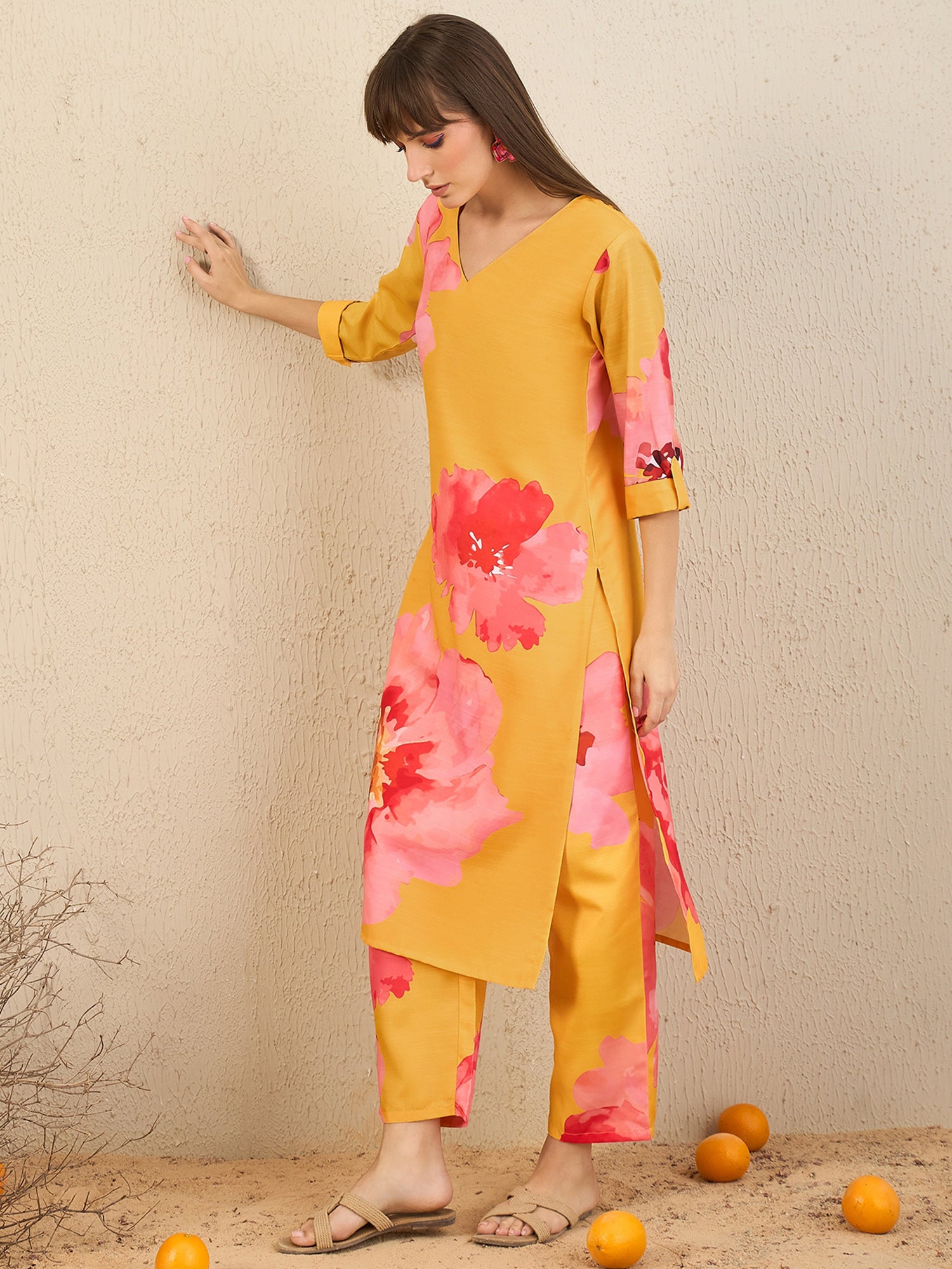 Indo Era Yellow Printed Straight Kurta Trousers Set - Distacart