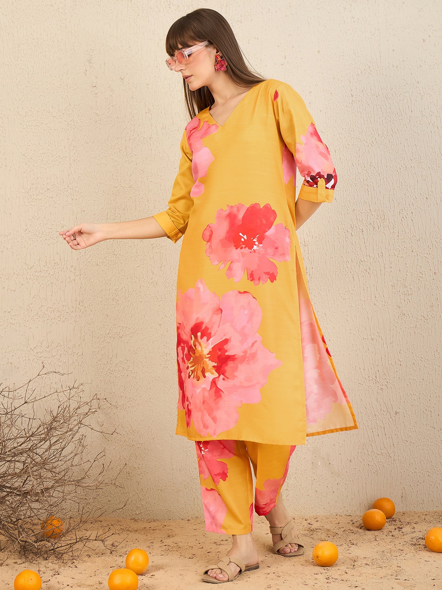 Indo Era Yellow Printed Straight Kurta Trousers Set - Distacart