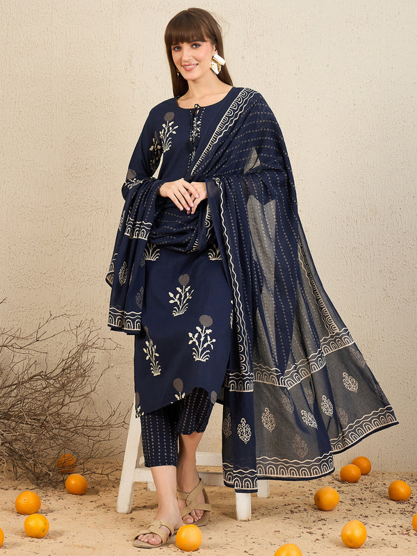 Indo Era Navy Blue Printed Straight Kurta Trousers With Dupatta Set - Distacart