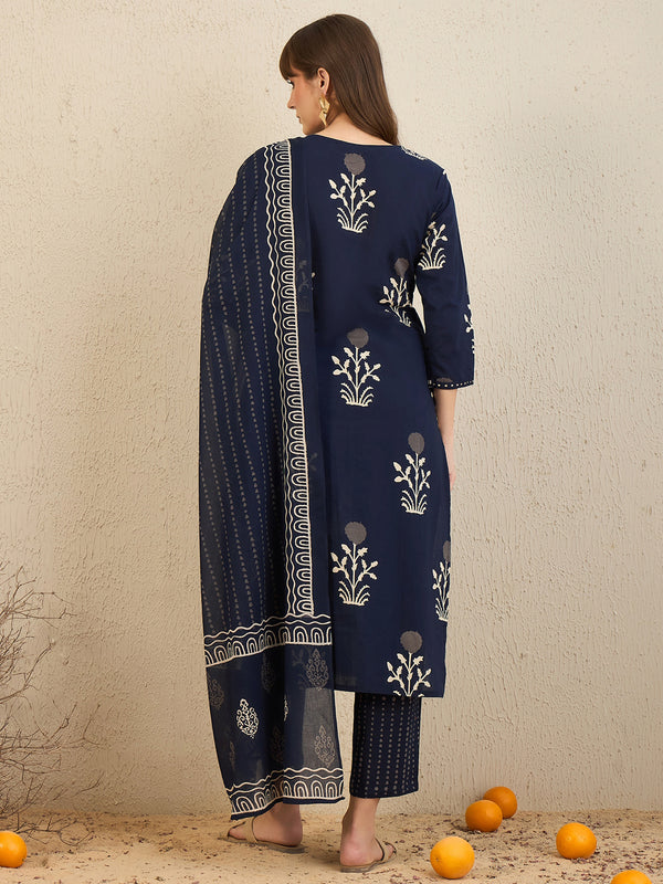 Indo Era Navy Blue Printed Straight Kurta Trousers With Dupatta Set - Distacart
