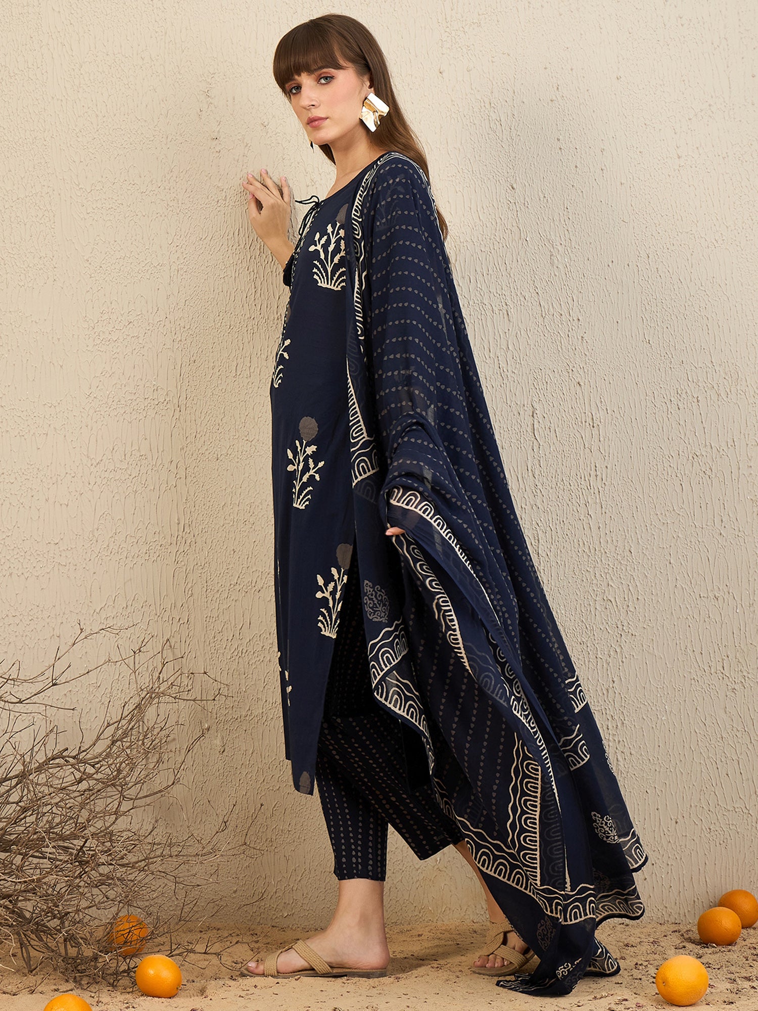 Indo Era Navy Blue Printed Straight Kurta Trousers With Dupatta Set - Distacart