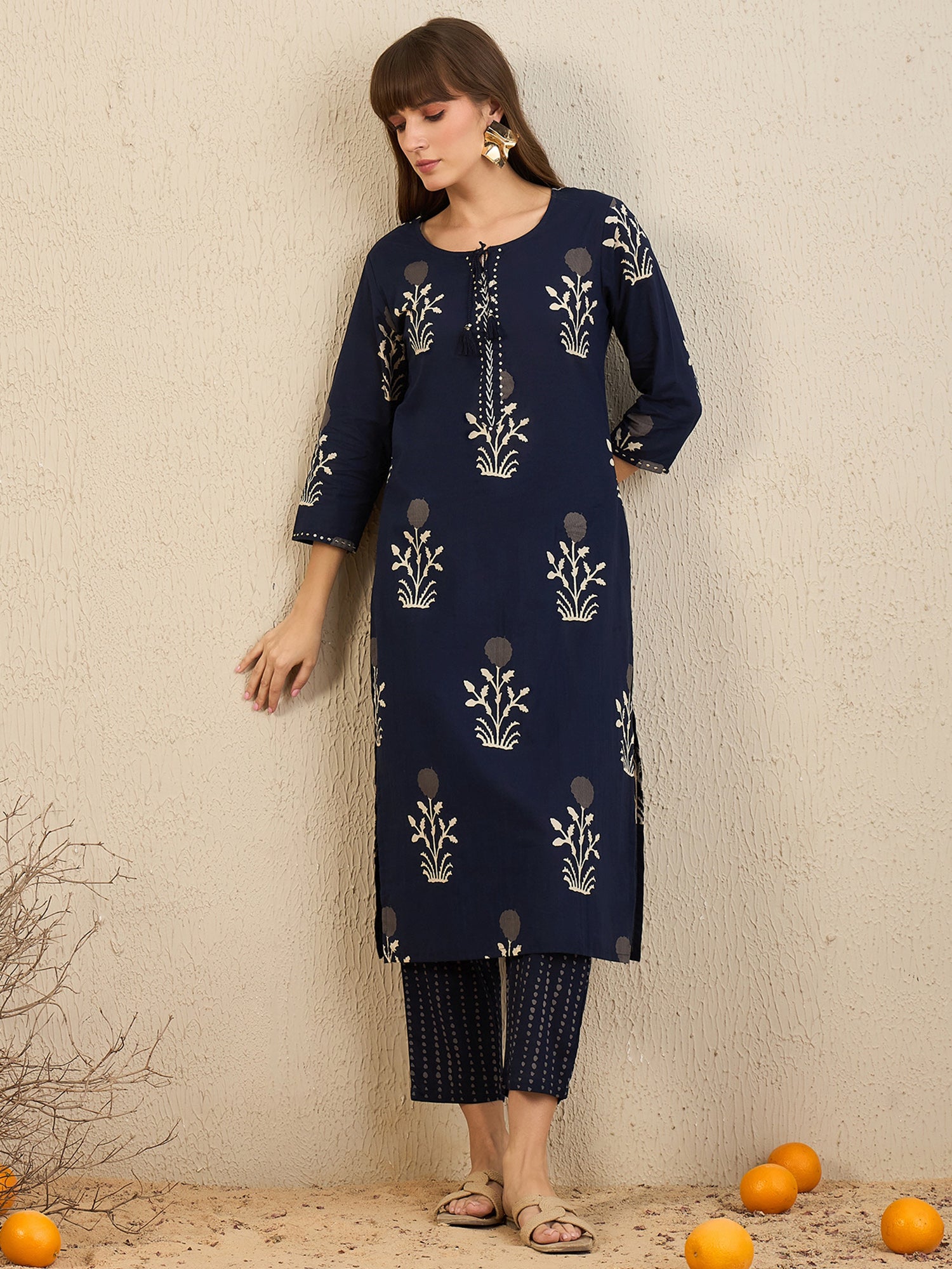 Indo Era Navy Blue Printed Straight Kurta Trousers With Dupatta Set - Distacart