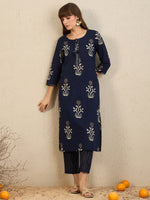 Thumbnail for Indo Era Navy Blue Printed Straight Kurta Trousers With Dupatta Set - Distacart