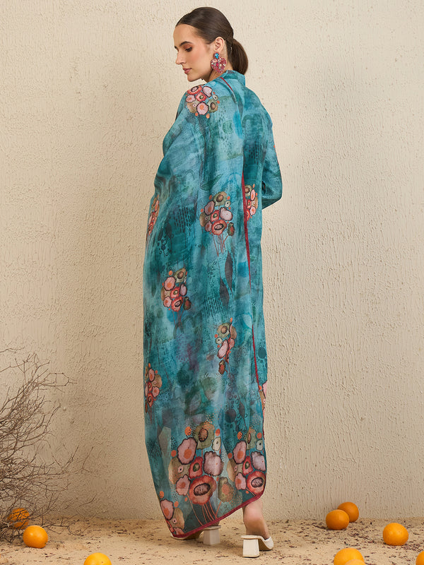 Indo Era Green Printed Straight Kurta Trousers With Dupatta Set - Distacart