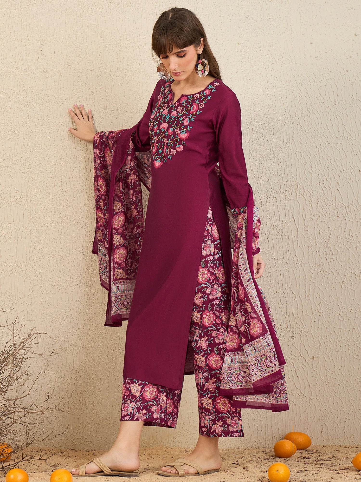 Indo Era Burgundy Embroidered Straight Kurta Palazzos With Dupatta Set - Distacart