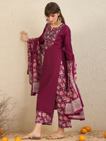 Thumbnail for Indo Era Burgundy Embroidered Straight Kurta Palazzos With Dupatta Set - Distacart