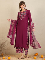 Thumbnail for Indo Era Burgundy Embroidered Straight Kurta Palazzos With Dupatta Set - Distacart