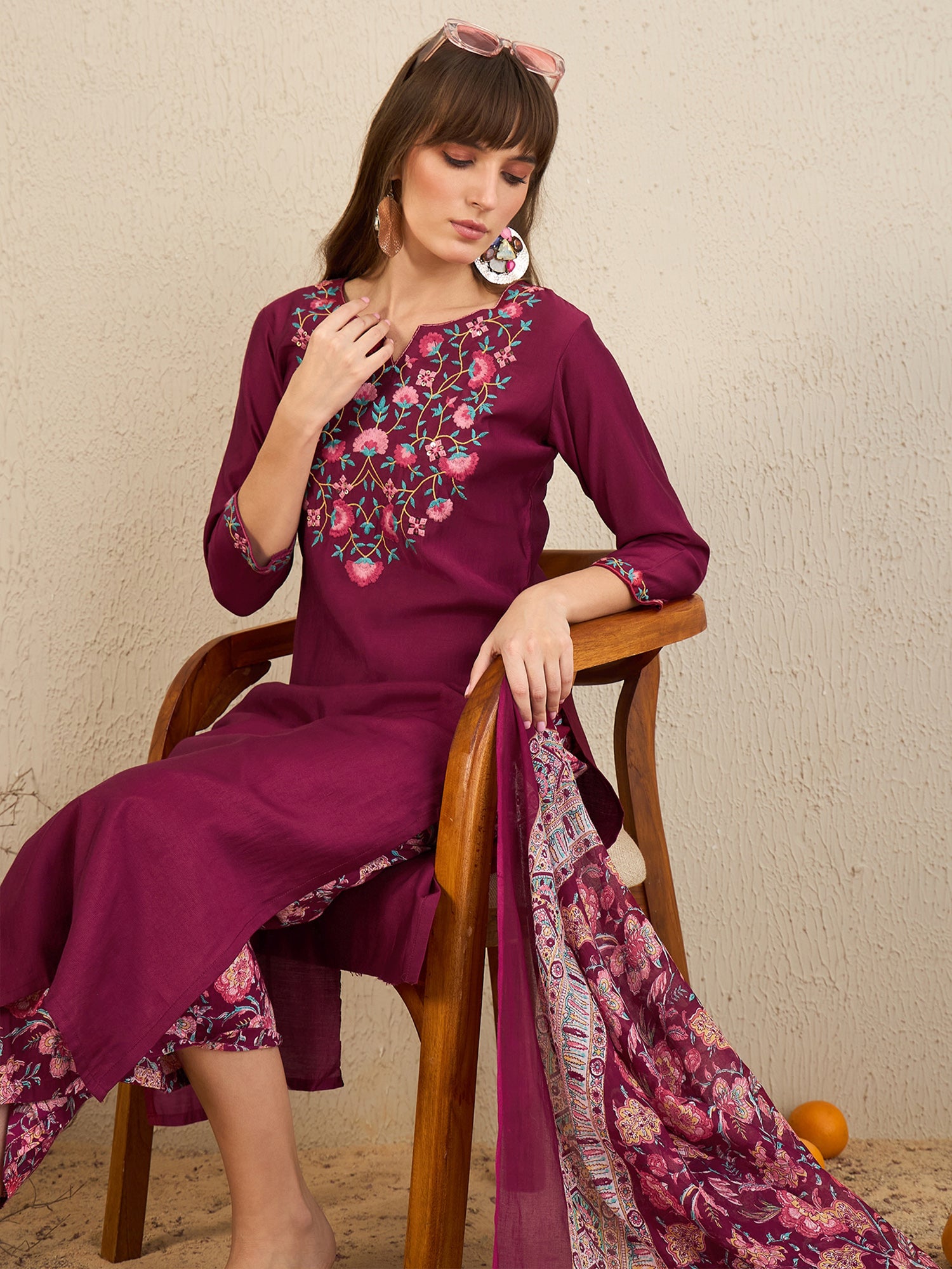 Indo Era Burgundy Embroidered Straight Kurta Palazzos With Dupatta Set - Distacart