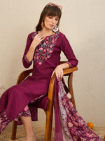 Thumbnail for Indo Era Burgundy Embroidered Straight Kurta Palazzos With Dupatta Set - Distacart