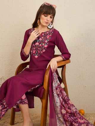 Indo Era Burgundy Embroidered Straight Kurta Palazzos With Dupatta Set - Distacart