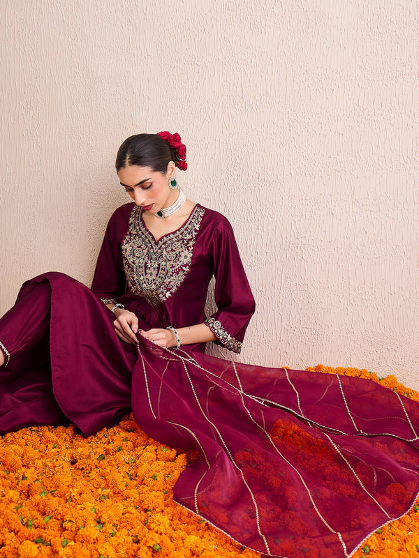 Indo Era Burgundy Embroidered A-Line Kurta Palazzos With Dupatta Set - Distacart