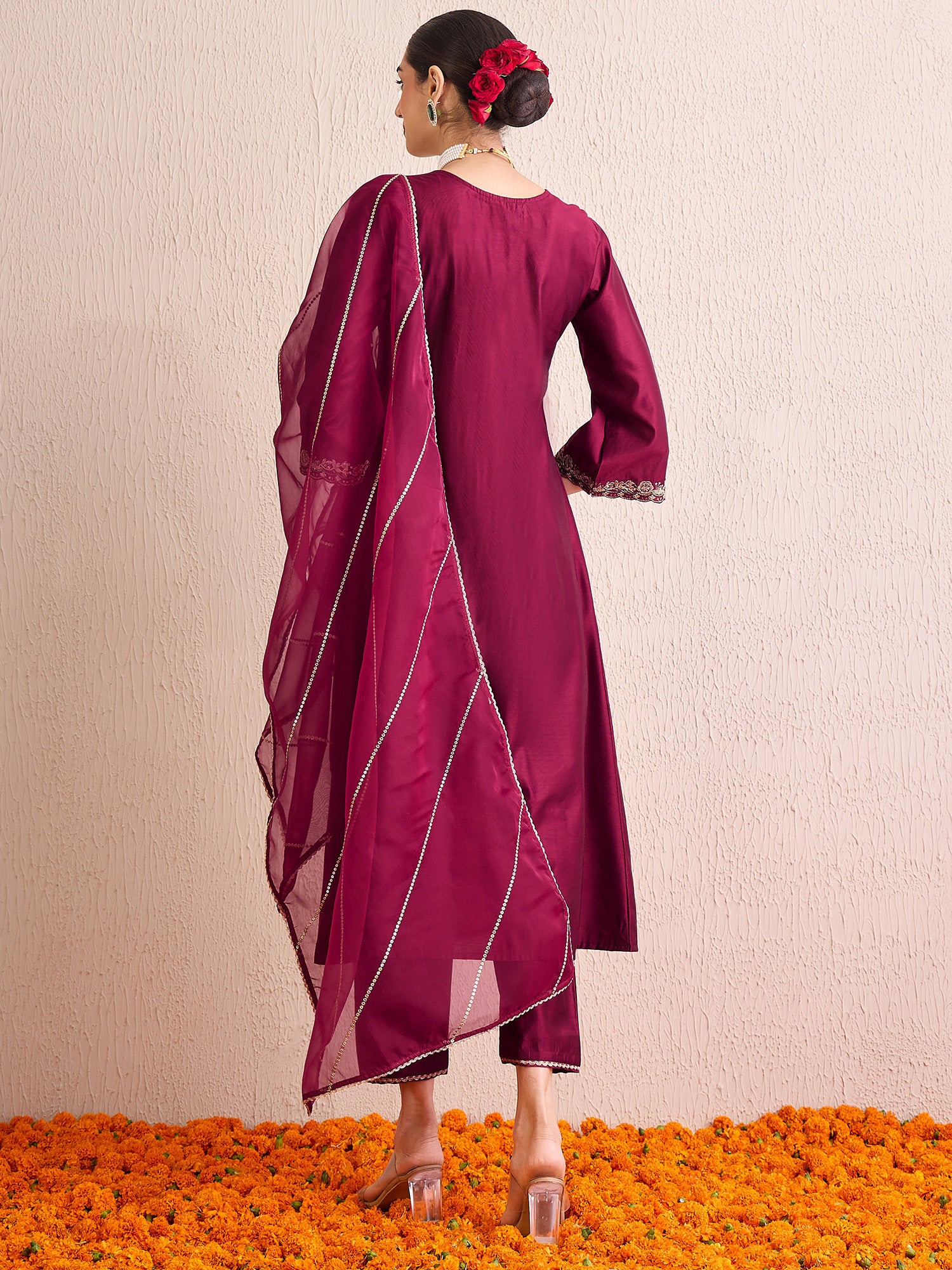Indo Era Burgundy Embroidered A-Line Kurta Palazzos With Dupatta Set - Distacart