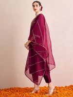 Thumbnail for Indo Era Burgundy Embroidered A-Line Kurta Palazzos With Dupatta Set - Distacart