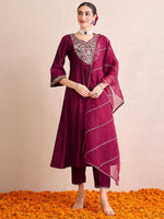 Thumbnail for Indo Era Burgundy Embroidered A-Line Kurta Palazzos With Dupatta Set - Distacart