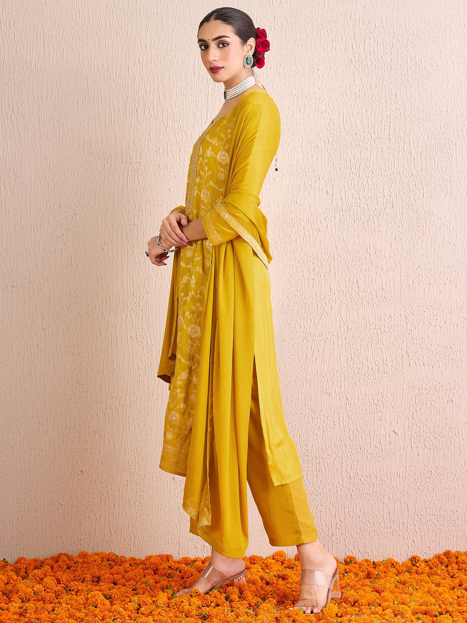 Indo Era Yellow Embroidered Straight Kurta Trousers With Dupatta set - Distacart