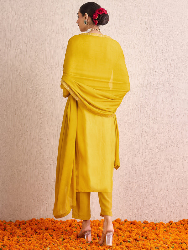 Indo Era Yellow Embroidered Straight Kurta Trousers With Dupatta set - Distacart