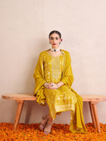 Thumbnail for Indo Era Yellow Embroidered Straight Kurta Trousers With Dupatta set - Distacart