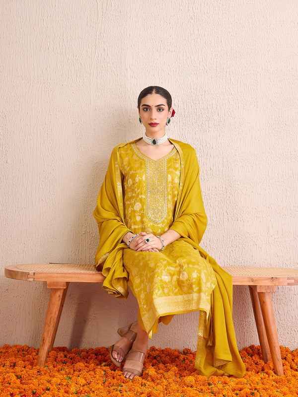Indo Era Yellow Embroidered Straight Kurta Trousers With Dupatta set - Distacart