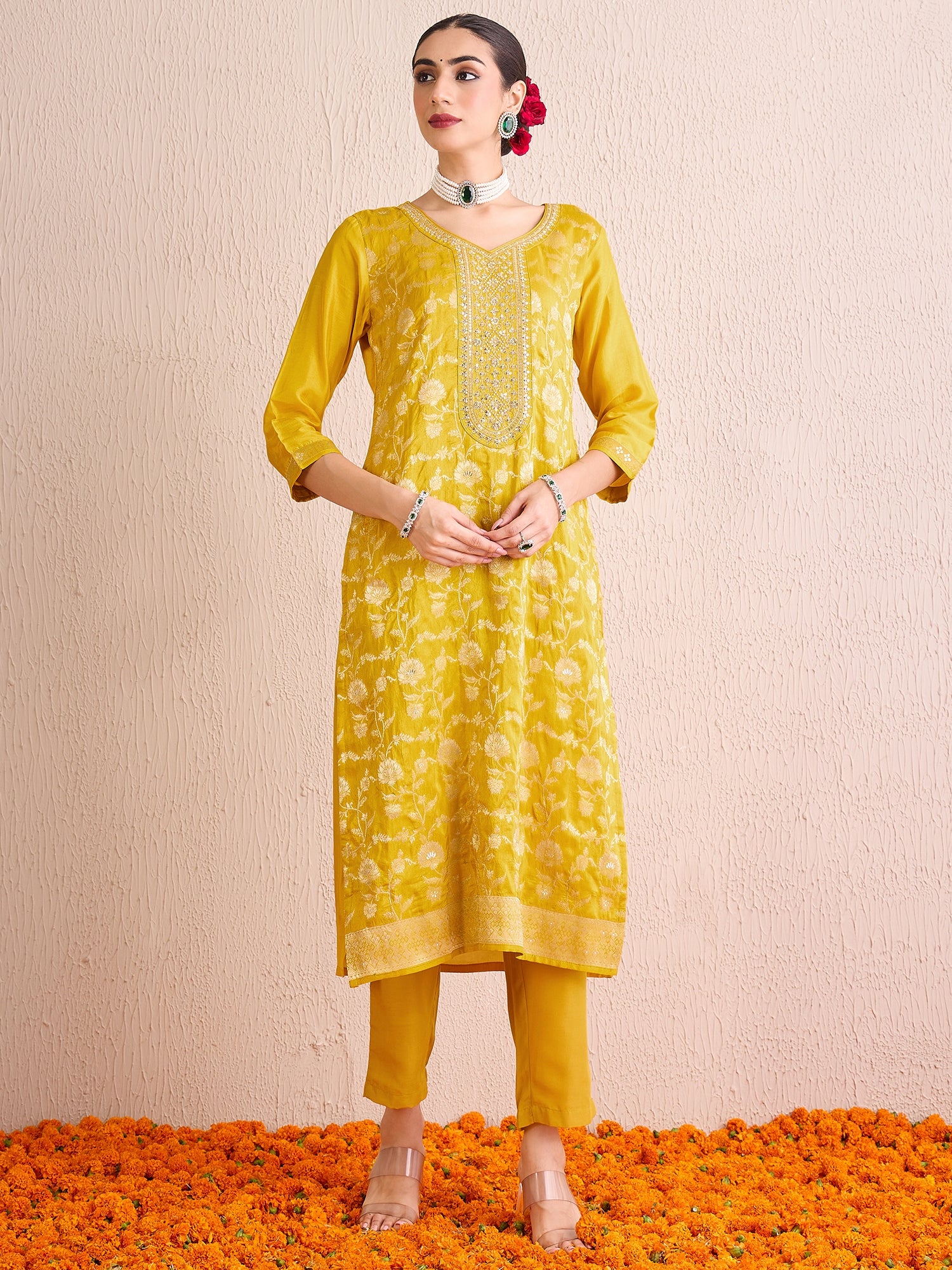 Indo Era Yellow Embroidered Straight Kurta Trousers With Dupatta set - Distacart