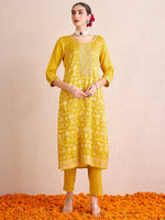 Thumbnail for Indo Era Yellow Embroidered Straight Kurta Trousers With Dupatta set - Distacart