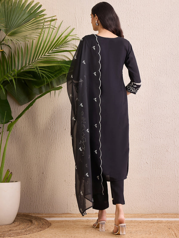 Indo Era Black Embroidered Straight Kurta Trousers With Dupatta Set - Distacart