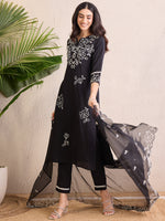 Thumbnail for Indo Era Black Embroidered Straight Kurta Trousers With Dupatta Set - Distacart