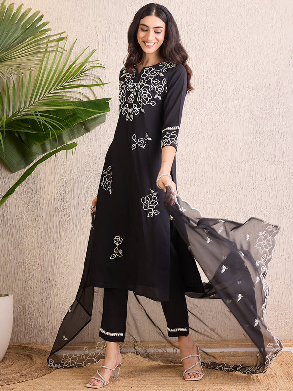Indo Era Black Embroidered Straight Kurta Trousers With Dupatta Set - Distacart