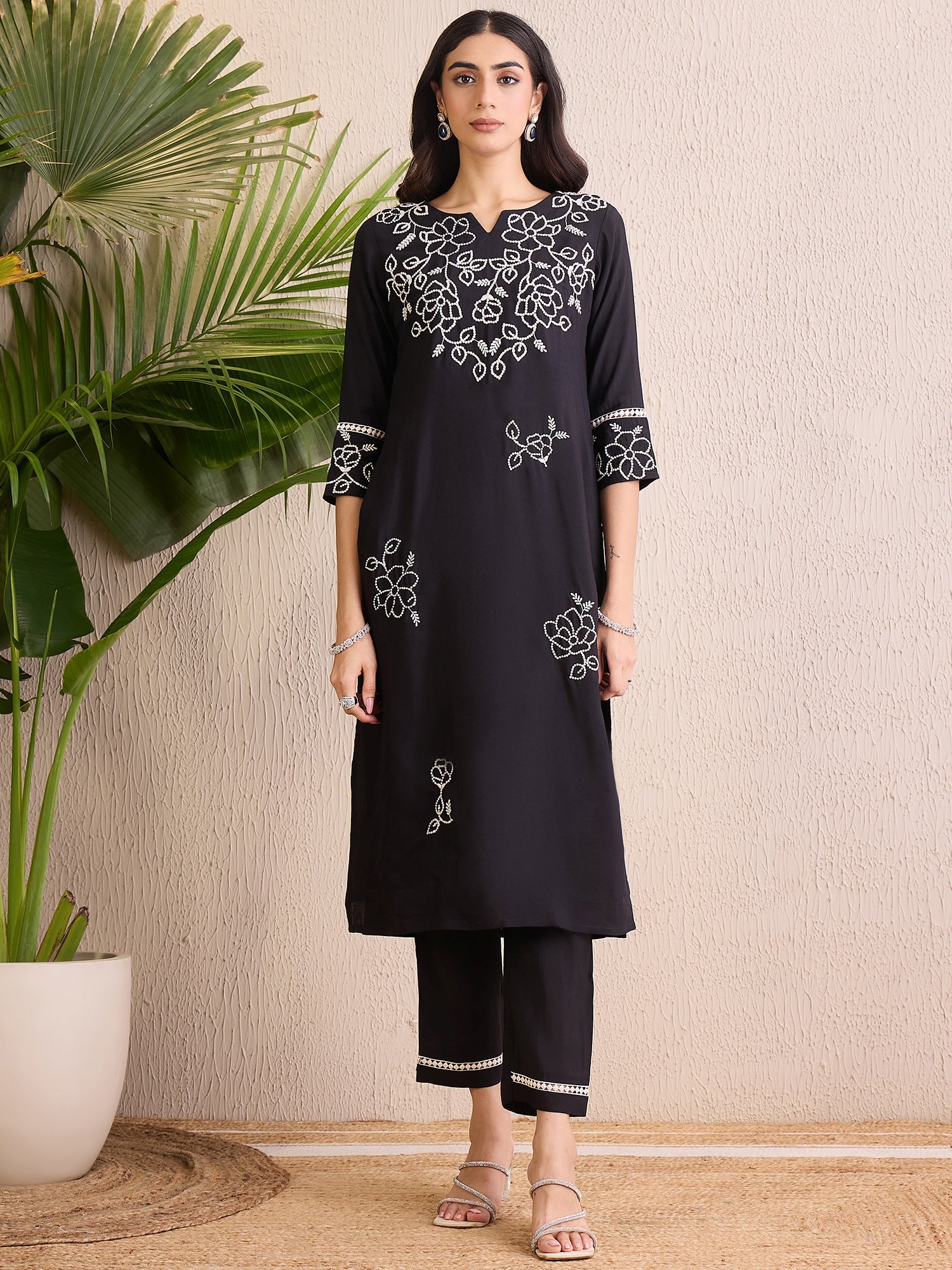 Indo Era Black Embroidered Straight Kurta Trousers With Dupatta Set - Distacart