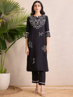 Thumbnail for Indo Era Black Embroidered Straight Kurta Trousers With Dupatta Set - Distacart