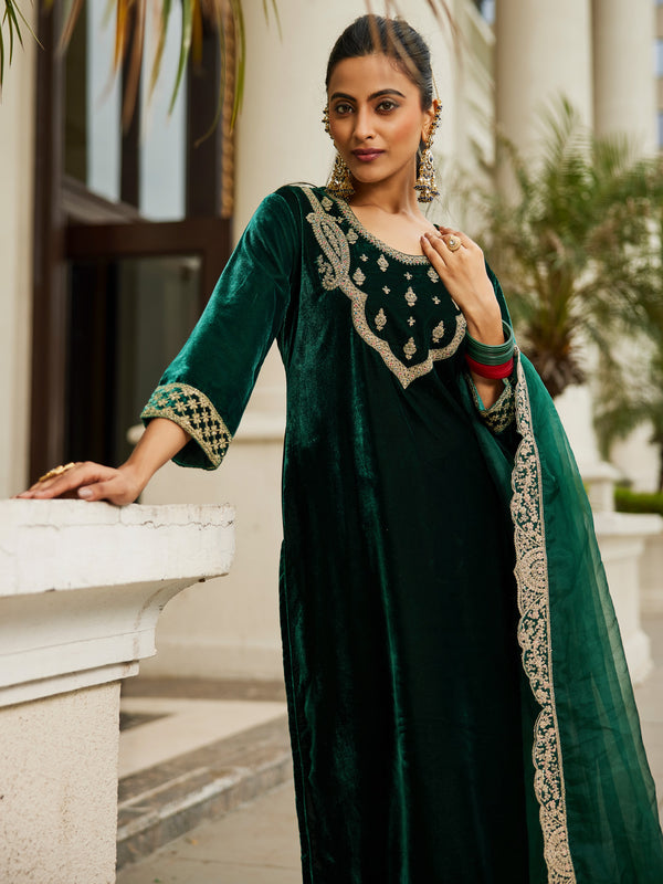 Indo Era Green Embroidered Straight Kurta Trousers With Dupatta set - Distacart