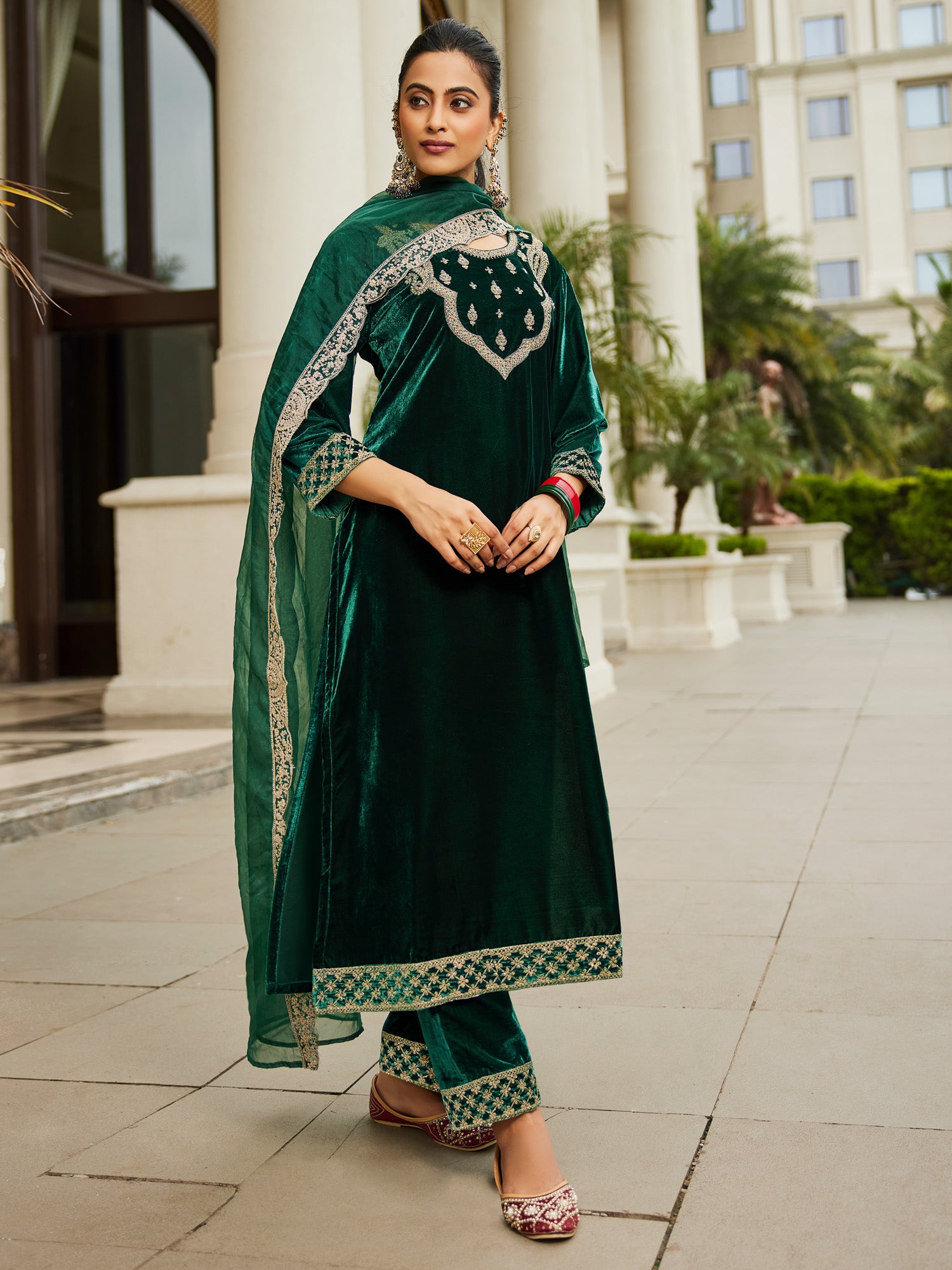 Indo Era Green Embroidered Straight Kurta Trousers With Dupatta set - Distacart