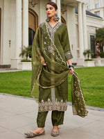 Thumbnail for Indo Era Green Embroidered Straight Kurta Trousers With Dupatta Set - Distacart