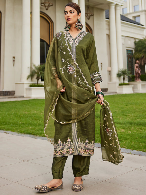 Indo Era Green Embroidered Straight Kurta Trousers With Dupatta Set - Distacart