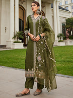 Thumbnail for Indo Era Green Embroidered Straight Kurta Trousers With Dupatta Set - Distacart